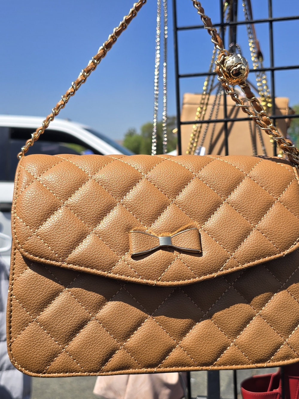 Quilted Tan Shoulder Bag with Bow Accent